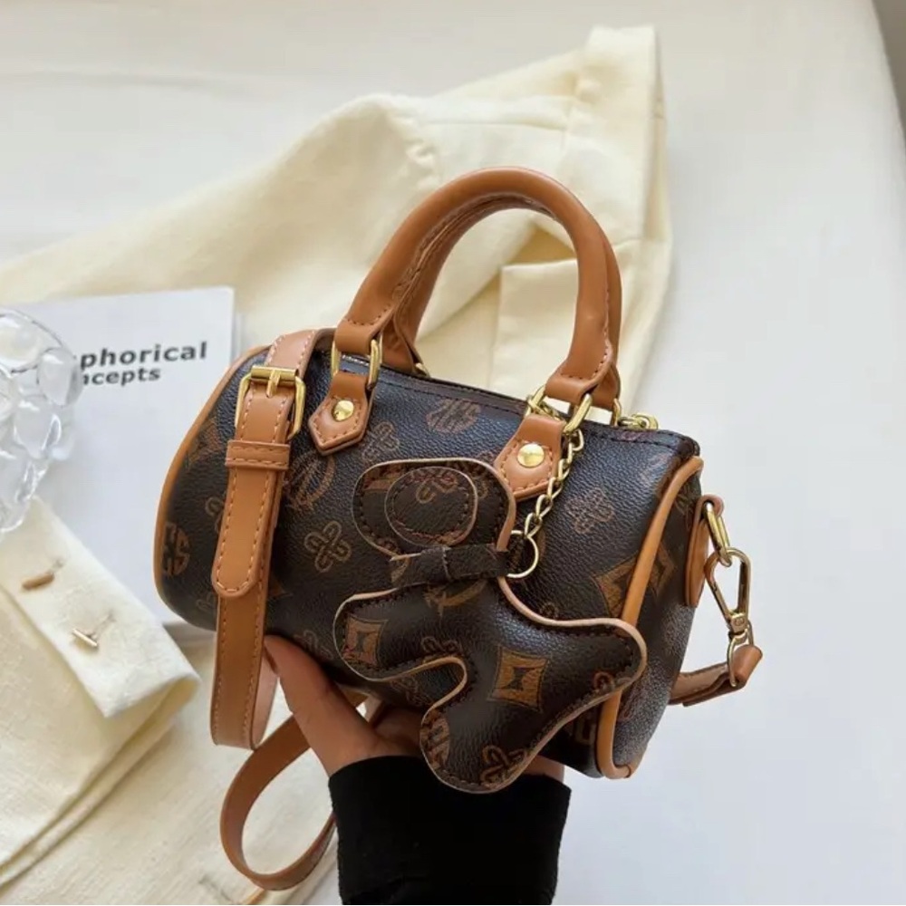 Brown Monogram Barrel Bag Designer Inspired with Puppy Charm & Golden-Tone NIP - Picture 13 of 13